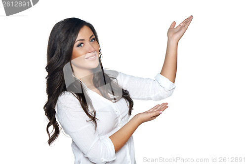 Image of Woman showing / holding on the palm blank copy space