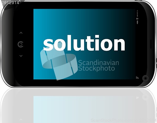 Image of smartphone with word solution on display, business concept