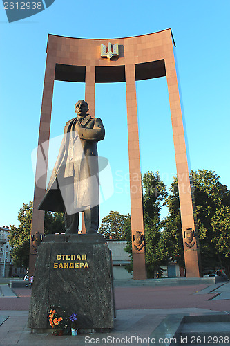 Image of monument of S. Bandera and trident in Lvov city