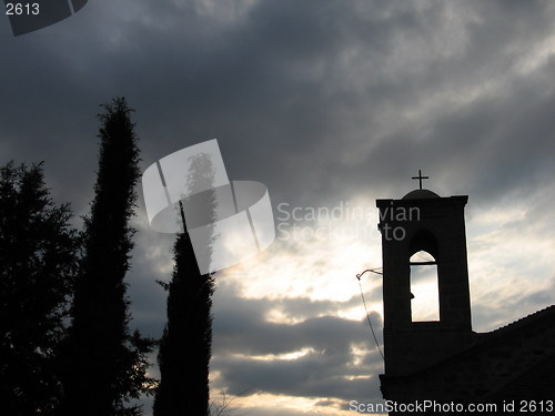 Image of Church and dark trees. Klirou. Cyprus