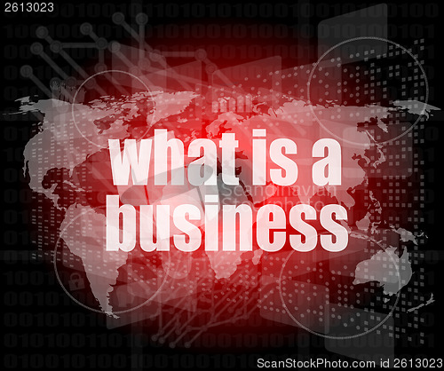Image of Business concept: words what is a business on digital screen, 3d