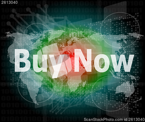 Image of The word buy now on digital screen, business concept