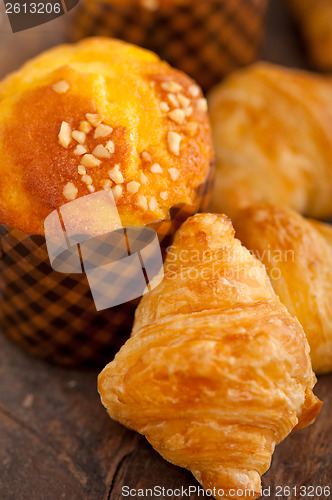 Image of fresh baked muffin and croissant mignon