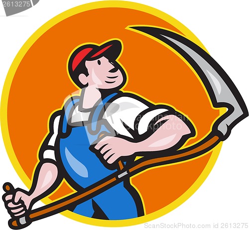 Image of Farmer Worker Holding Scythe Circle Cartoon