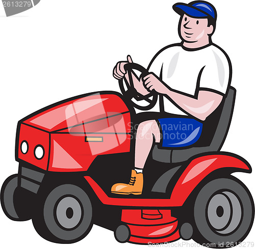 Image of Gardener Mowing Rideon Lawn Mower Cartoon