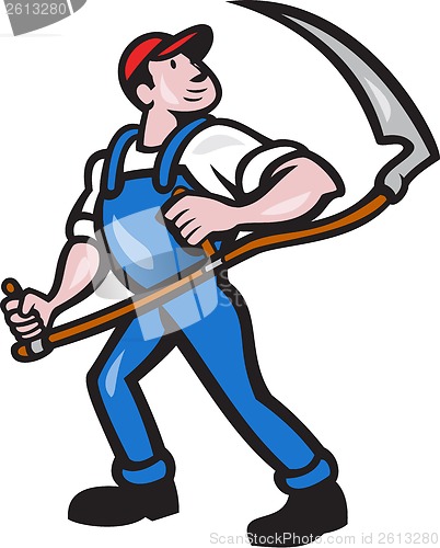 Image of Farmer Worker Holding Scythe Cartoon