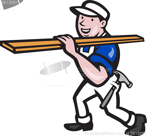Image of Carpenter Worker Carrying Timber Cartoon