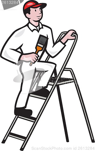 Image of House Painter Standing on Ladder Cartoon