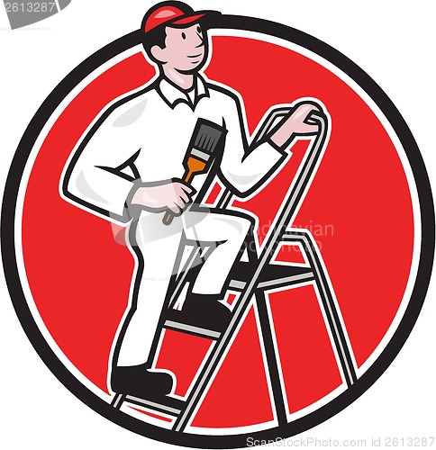 Image of House Painter Paintbrush on Ladder Cartoon