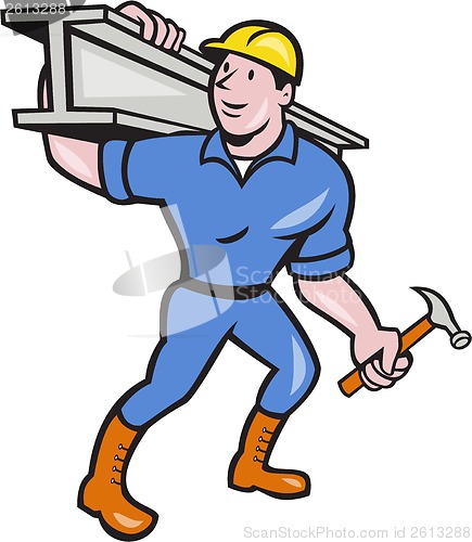 Image of Construction Steel Worker Carry I-Beam Cartoon