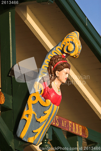 Image of Decorative wooden boat 
bow on a house  on Island of Fanoe in De