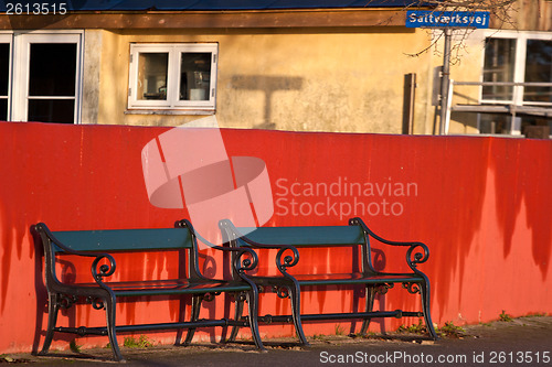 Image of Bench and red wall. Island of Fanoe in Denmark