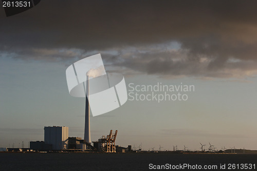 Image of Chimneys from a heating plant viewed from Island of Fanoe in Den