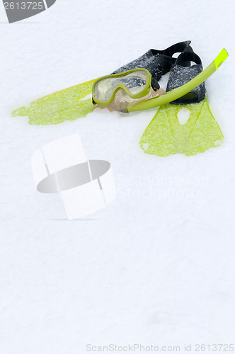 Image of Snorkel, mask and flippers on the snow