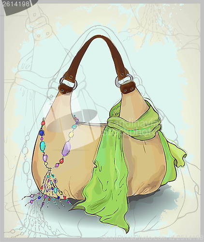Image of Greeting card with a scarf, a bag and costume jewelry. Illustrat