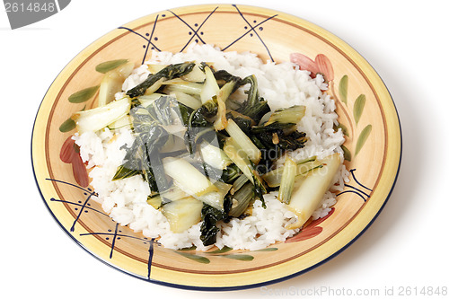 Image of Sauteed bok choi on a bed of jasmin rice