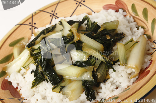 Image of Sauteed bok choi on a bed of jasmine rice