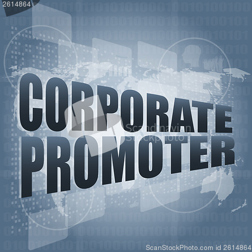 Image of corporate promoter words on digital screen with world map