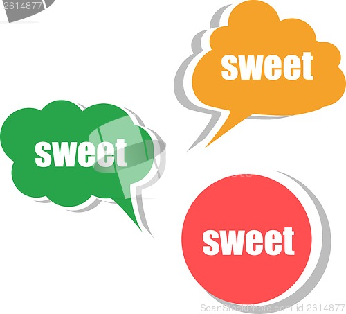 Image of sweet word on modern banner design template. set of stickers, labels, tags, clouds