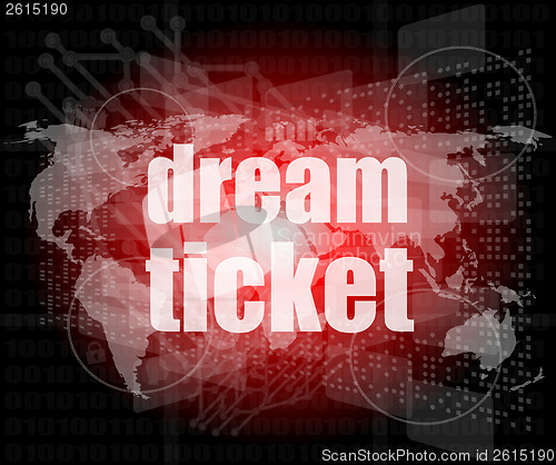 Image of business concept: words dream ticket on digital screen