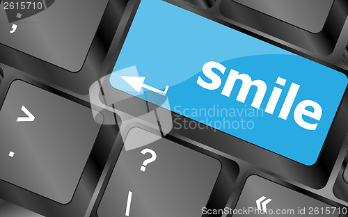Image of Computer keyboard with smile words on key - business concept