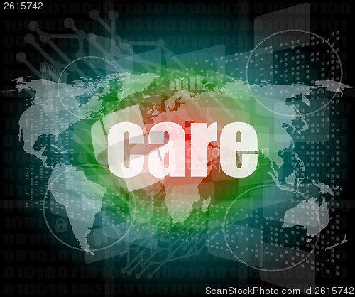 Image of care word on digital screen, mission control interface hi technology