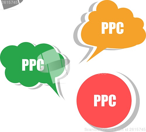 Image of ppc word on modern banner design template. set of stickers, labels, tags, clouds