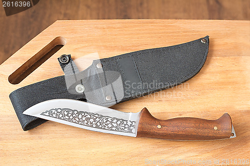 Image of Beautiful hunting knife and a case for the knife.