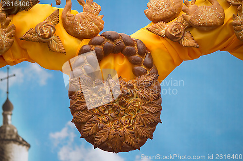 Image of Easter decoration: beautifully baked a cake and a variety of bre