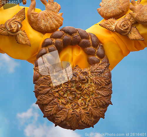 Image of Easter decoration: beautifully baked a cake and a variety of bre