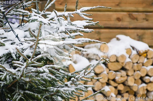 Image of Birch fire wood at a wall of the house in winter