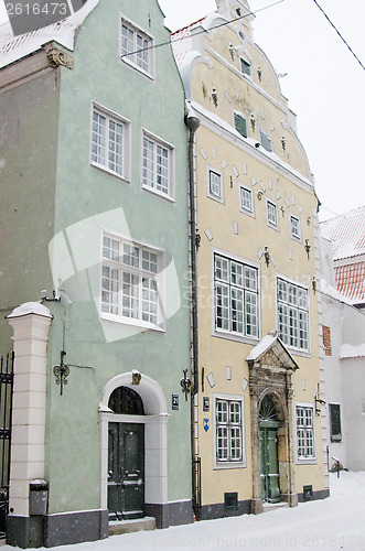 Image of Street of Old Riga in snow day before Christmas