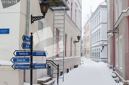 Image of Street of Old Riga in snow day before Christmas