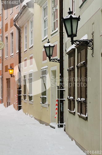 Image of Street of Old Riga in snow day before Christmas