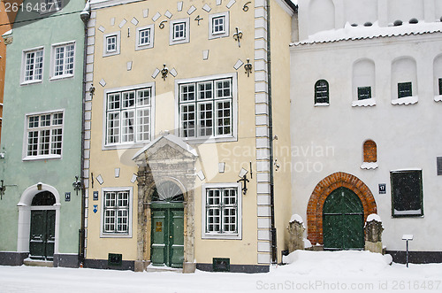 Image of Street of Old Riga in snow day before Christmas