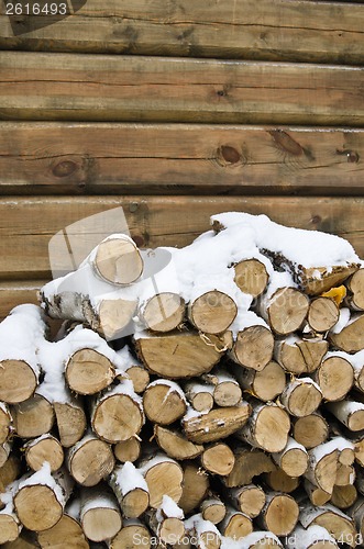 Image of Birch fire wood at a wall of the house in winter