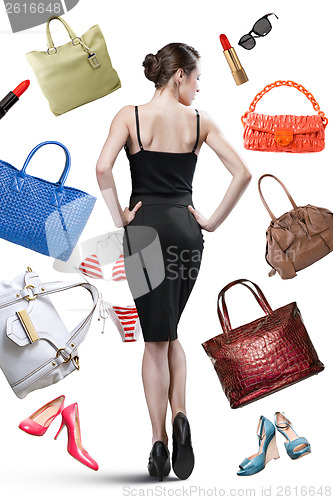 Image of Elegant woman and things to buy isolated on white. Shopping conc