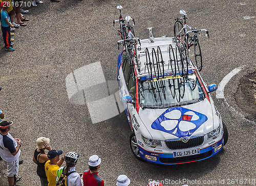 Image of Lotto Belisol Team Technical Car in Pyrenees Mountains