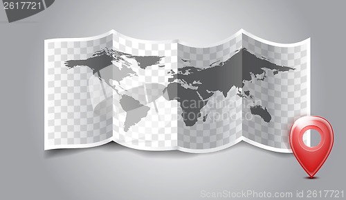Image of Folded world map with gps marks.