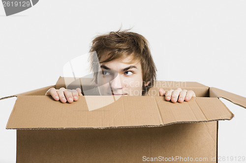 Image of Man inside a card box