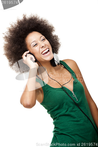 Image of Happy woman listen music