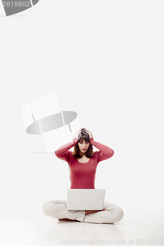 Image of Stressed woman with a laptop