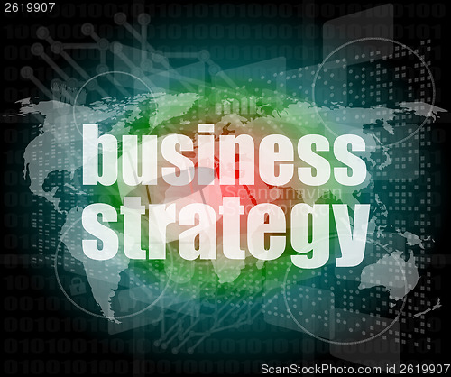 Image of business strategy word on digital screen, mission control interface hi technology