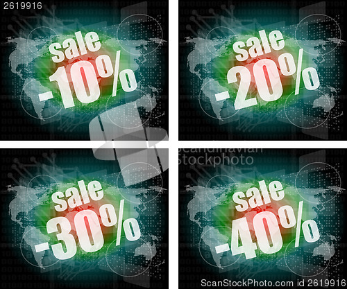 Image of set of sale percentage words on business digital touch screen