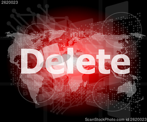 Image of The word delete on digital screen, information technology concept