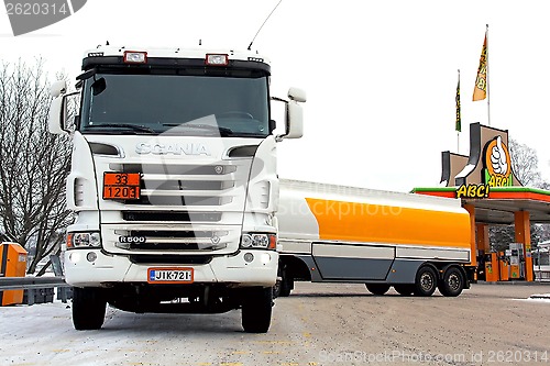 Image of Scania R500 Tanker Truck Unloading Fuel at Petrol Station