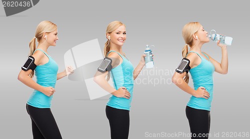 Image of woman running, listening music and drinking water