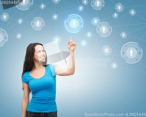 Image of teenager pointing her finger at social network