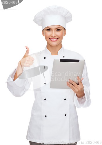 Image of smiling female chef with tablet pc computer