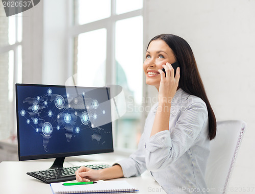 Image of smiling businesswoman or student with smartphone